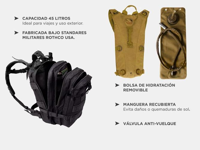 Kit Mochila Táctica Militar 45L + Mochila Camel Back 2.5L - 3