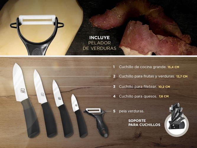 Set x5 Cuchillos Ceramica Mango Silicona Gadnic Mango Negro - 3