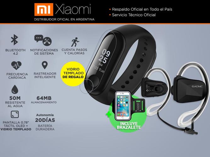 Smartband Xiaomi Mi Band 3 +Auriculares Bluetooth Gadnic BT6 + Brazalete Deportivo - 1