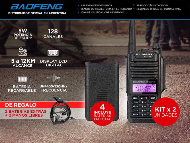 Handy Baofeng A-58 Kit x2 Bi-Banda 5w 128CH Hasta 12km + 4 Baterías y 2 Manos Libres - 1
