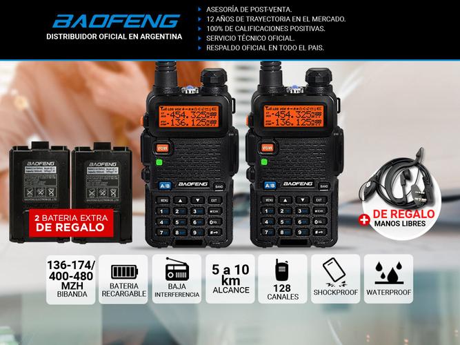 Handy Baofeng UV-5R Kit x2 Bi-Banda 5w Hasta 12km + 4 Baterías y 2 Manos Libres - 1