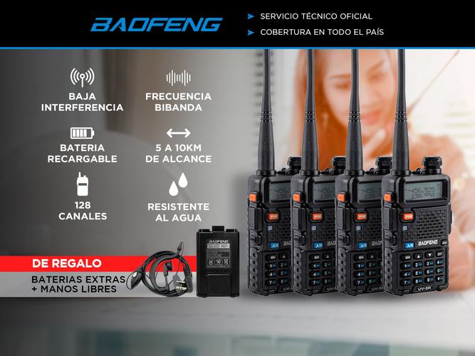 Handy Baofeng UV-5R Kit x4 Bi-Banda 5w Hasta 12km + 8 Baterías y 4 Manos Libres - 1