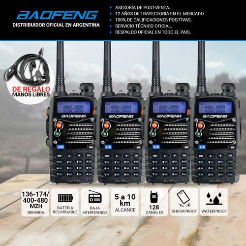 Handy Baofeng UV-5RA Kit x4 Bi-Banda 5w 128CH Hasta 10km + 8 Baterías y 4 Manos Libres - 1