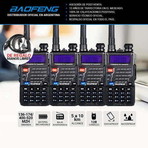 Handy Baofeng UV-5RE Kit x4 Bi-Banda 5w 128CH Hasta 10km + 8 Baterías y 4 Manos Libres - 1