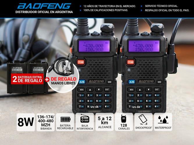 Handy Baofeng UV-5R Kit x2 Bi-Banda 8w Hasta 12km + 4 Baterías y 2 Manos Libres - 1