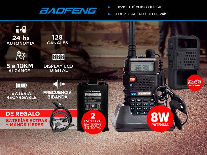 Handy Baofeng UV-5R Bi-Banda 8w 128CH c/ Funda Hasta 10km + 2 Baterías y Manos Libres - 1