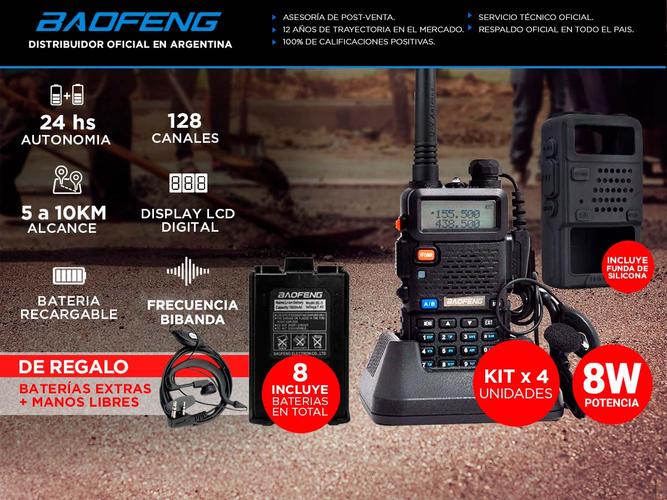 Handy Baofeng UV-5R Kit x4 Bi-Banda 8w c/ Funda Hasta 12km + 8 Baterías y 4 Manos Libres - 1