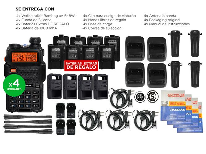 Handy Baofeng UV-5R Kit x4 Bi-Banda 8w c/ Funda Hasta 12km + 8 Baterías y 4 Manos Libres - 6