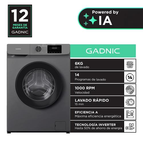 Lavarropas Gadnic 6 kg Inverter 1000 RPM 14 Programas 1850W Clase A Gris - 0