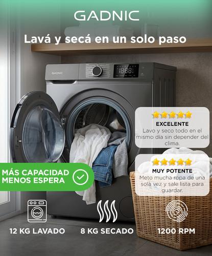 Lavasecarropas Gadnic 12 Kg Lavado 8 Kg Secado 1200 RPM Inverter - 1