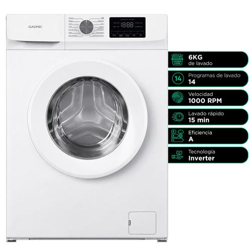  Lavarropas Gadnic 6 kg 1000 RPM 14 Programas 1850W Clase A Blanco - 0