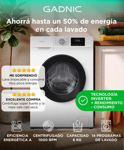  Lavarropas Gadnic 6 kg Inverter 1000 RPM 14 Programas 1850W Clase A Blanco - 1
