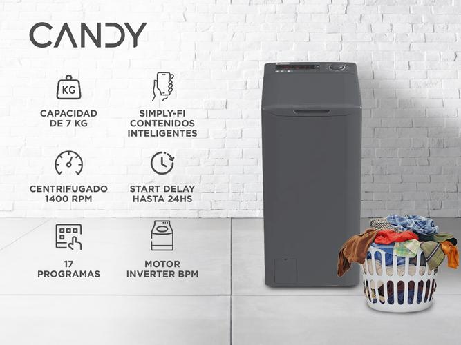 Lavarropas Candy CSTG47TMRR41-12 carga superior 7Kg 1400 RPM Antracita Inverter - 1