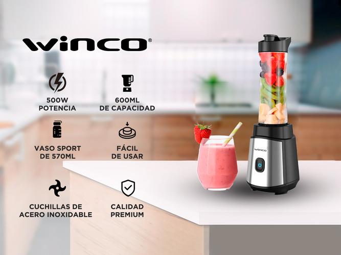 Licuadora deportiva Winco W1910 Vaso de Vidrio + Vaso Sport con tapa 500W - 1