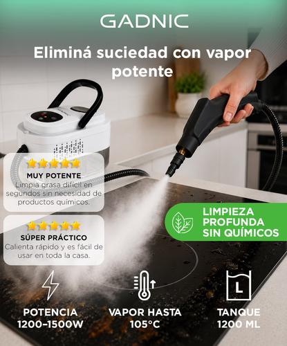 Limpiador A Vapor Gadnic Alta Presion 1200 1500W Tanque 1200 ml Vapor 105 Grados 6 Niveles De Regulacion Calentamiento 15 Segundos Cable 1.7 m 220V - 1