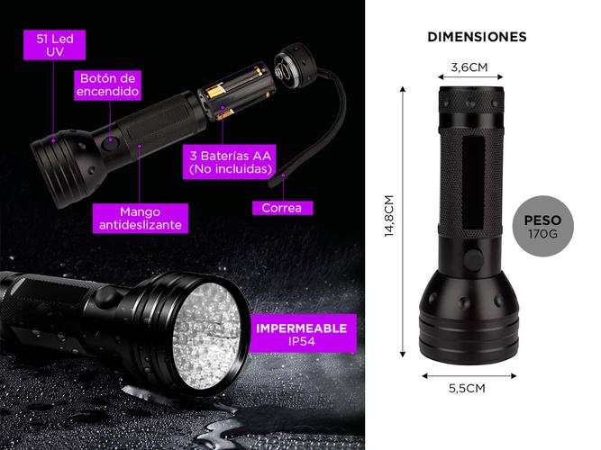 Linterna 51 LED UV Gadnic L32F Lámpara UV Detector Luz Negra - 3
