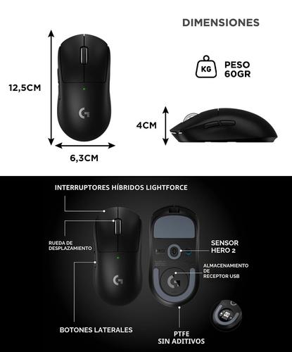 Mouse Inalámbrico Lightspeed Logitech PRO X Superlight 2 SE Negro Para Gaming Sensor HERO 2 44000 DPI  - 5