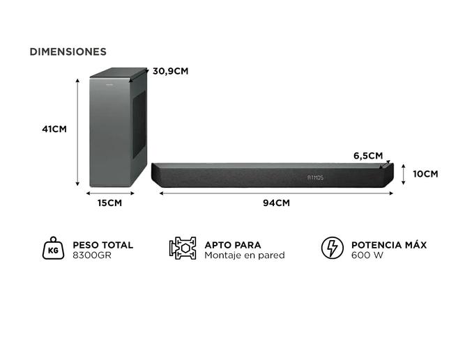 Barra De Sonido Philips TAB8507B10 Con Subwoofer Inalámbrico Bluetooth Home Theater  - 5