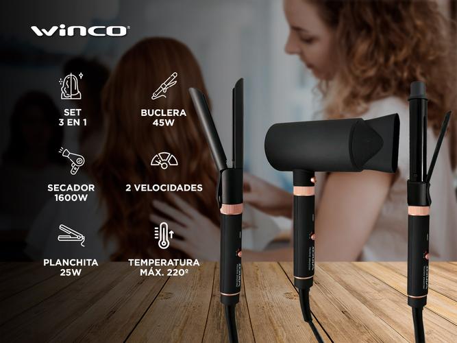 Set Secador Planchita Buclera 3 En 1 Winco W197 Belleza Pelo - 1