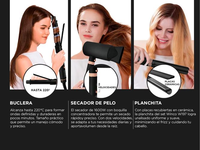 Set Secador Planchita Buclera 3 En 1 Winco W197 Belleza Pelo - 2
