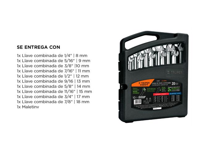 Juego Llaves Combinada Mixta Extralargas 20pz Pulidas Truper Lusqtoff - 5