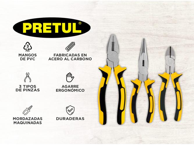 Juego de 3 pinzas Pretul Comfort Grip Electricista Punta y corte Diagonal  - 1