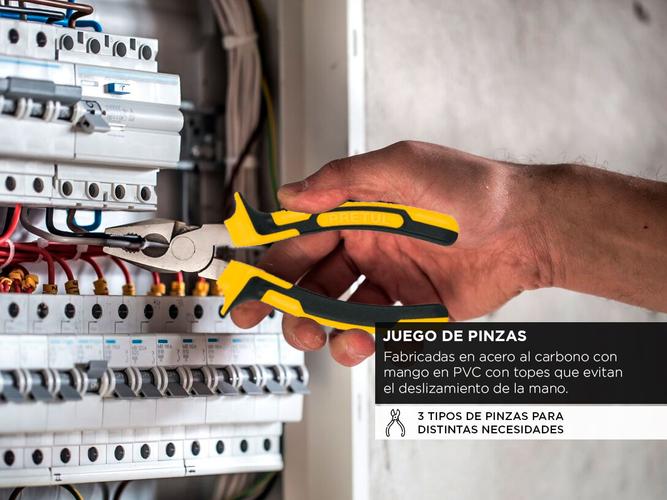 Juego de 3 pinzas Pretul Comfort Grip Electricista Punta y corte Diagonal  - 2