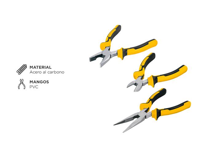 Juego de 3 pinzas Pretul Comfort Grip Electricista Punta y corte Diagonal  - 3