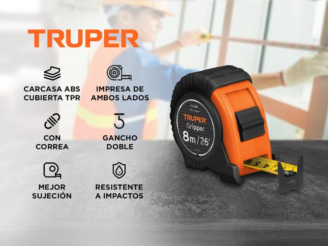 Cinta Metrica Truper 8 metros Resistente 25mm Correa Gancho Doble - 1