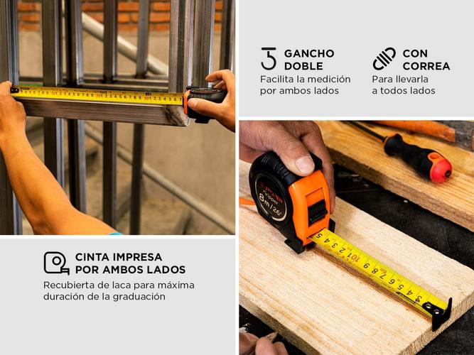 Cinta Metrica Truper 8 metros Resistente 25mm Correa Gancho Doble - 2