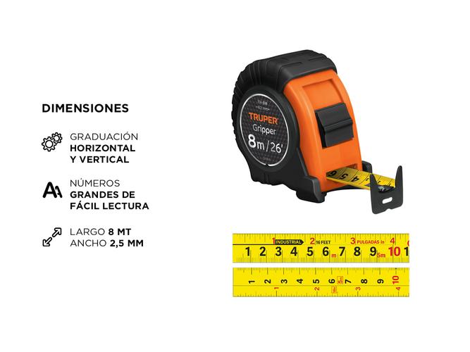 Cinta Metrica Truper 8 metros Resistente 25mm Correa Gancho Doble - 3