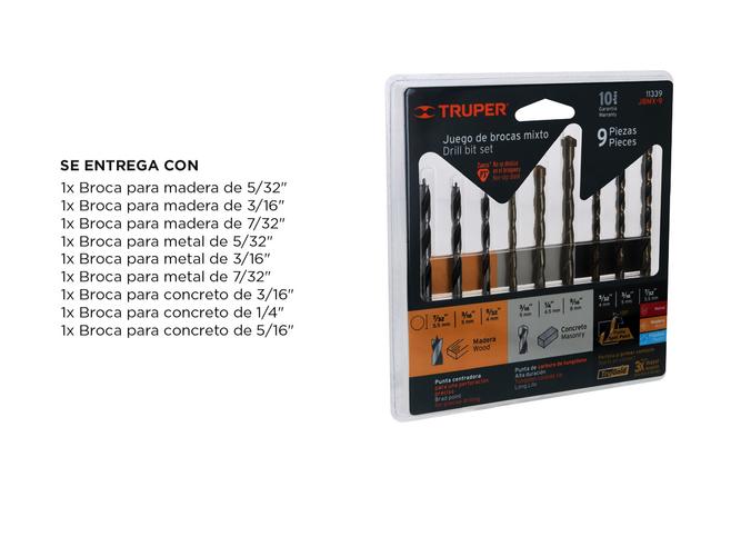 Juego 9 Mechas Brocas Metal Madera Concreto Truper Profesional - 4