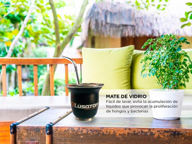 Mate De Vidrio Forrado Cuero Ecologico Lusqtoff Liso Negro - 2