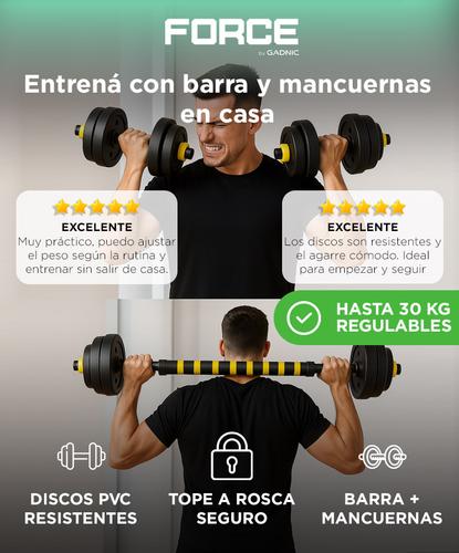 Kit Mancuernas Y Barra  30 Kg Discos Force By Gadnic  Pvc Con Tope A Rosca - 1