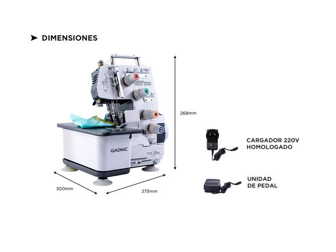 Máquina de Coser Overlock Gadnic SW8800 Semi Industrial 4 y 3 Hilos Luz Led c/ Pedal - 5