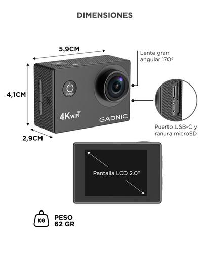 Cámara Deportiva Gadnic AIR 4K WiFi Pantalla LCD 2 Pulgadas Gran Angular 170 16 MP Recargable 900 mAh - 5