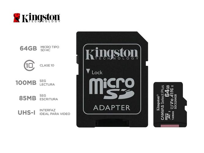 Memoria Micro Sd Kingston 64gb c/ Adaptador Clase 10 100MB/s Canvas Plus - 1