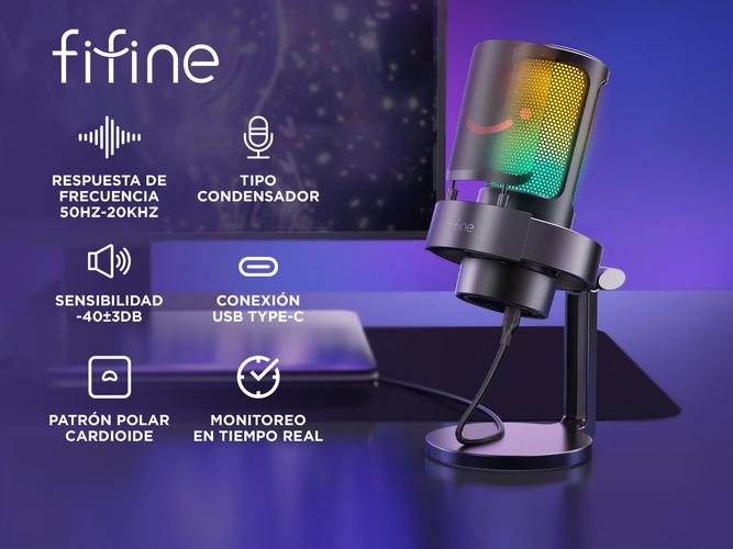 Micrófono Fifine A8 con USB RGB y Filtro Antipop para Transmisión - 1