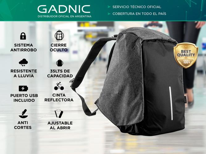 Mochila Antirrobo Gadnic 35 Litros Porta Notebook Tela Anti Cortes Puerto USB - 1