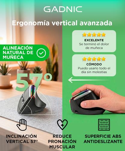 Mouse Inalambrico Vertical Ergonomico Gadnic RGB 500mAh USB C Dual 2 4G Bluetooth 6 Botones DPI Ajustable 1600 ABS Superlight 120g Multi Dispositivo - 1