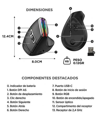 Mouse Inalambrico Vertical Ergonomico Gadnic RGB 500mAh USB C Dual 2 4G Bluetooth 6 Botones DPI Ajustable 1600 ABS Superlight 120g Multi Dispositivo - 5