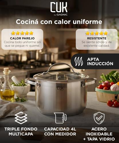 Olla Cacerola Cuk By Gadnic Acero Inoxidable Triple Fondo Con Tapa De Vidrio Templado 4 Litros  - 1