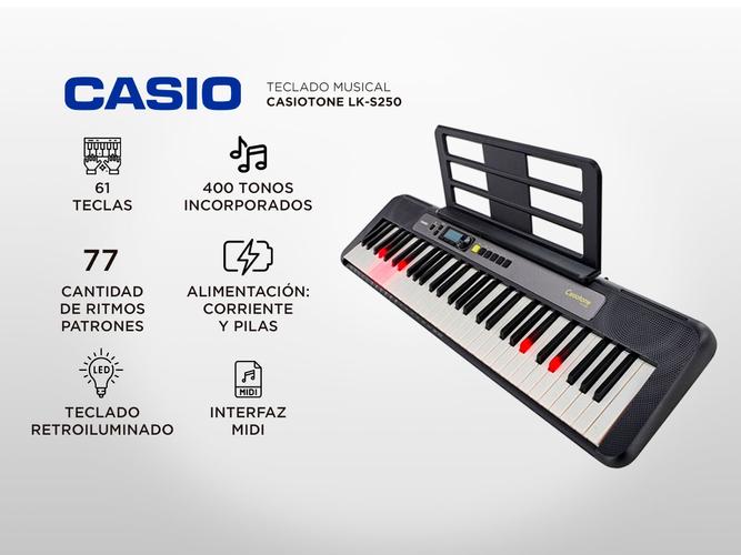 Teclado Sensitivo Casio Casiotone LK-S250 61 teclas Con Luz Negro + Soporte Tipo Tijera Carlsbro - 1