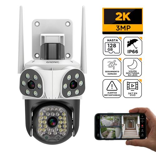 Cámara Seguridad Triple Lente Gadnic WiFi 2K 3MP PTZ Exterior 44 LEDs Visión Nocturna Color - 0