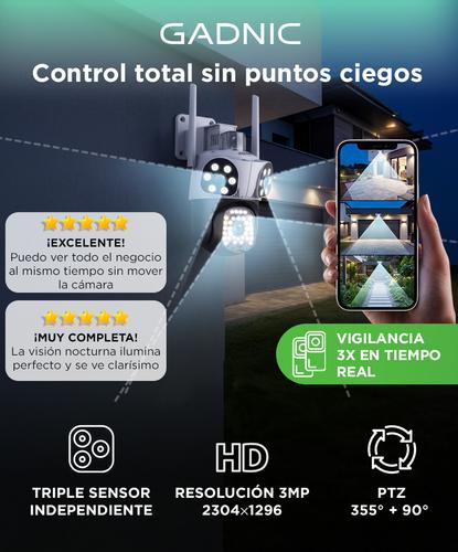 Cámara Seguridad Triple Lente Gadnic WiFi 2K 3MP PTZ Exterior 44 LEDs Visión Nocturna Color - 1