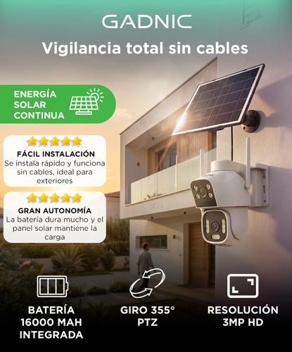 Camara De Seguridad Solar Gadnic WiFi 3MP Doble Lente PTZ Giro 355 Grados Vision Nocturna Dual Audio Bidireccional Bateria 16000 mAh Panel Solar App ICSee Compatible Android iOS - 1