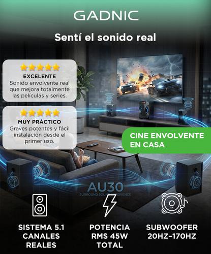 Home Theater Gadnic Sistema De Altavoces Multimedia 51 Bluetooth Con Subwoofer Amplificado 45W Control Remoto Radio FM RCA Para TV PC Y Reproductores - 1