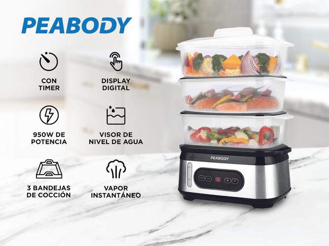 Vaporera Digital Peabody 3 Bandejas 950W Acero Inox Timer PE-ST1000IX - 1