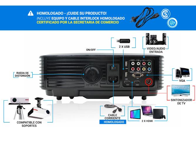 Proyector Gadnic Panoramic 2 3500 Lúmenes + Soporte Extensible Techo/Pared - 3