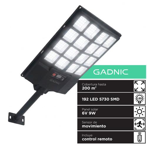 Reflector Solar Para Calles Gadnic Lámpara Luz 192 Led 5730 SMD 6V 9W Batería 6Ah Cobertura 200 M2 ABS - 0